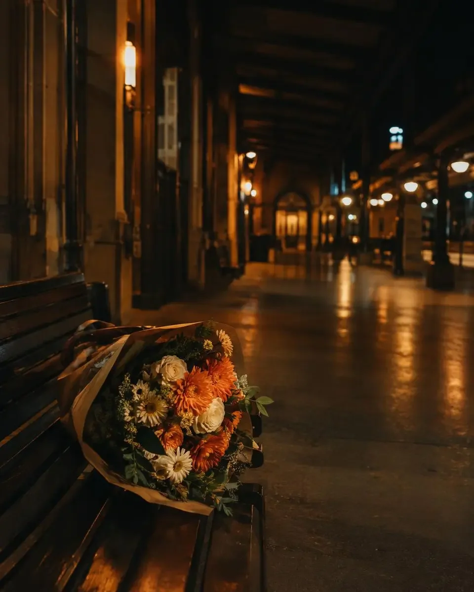瓜老师笔记路人偶遇封面：夜晚长椅上的一束橙白花束